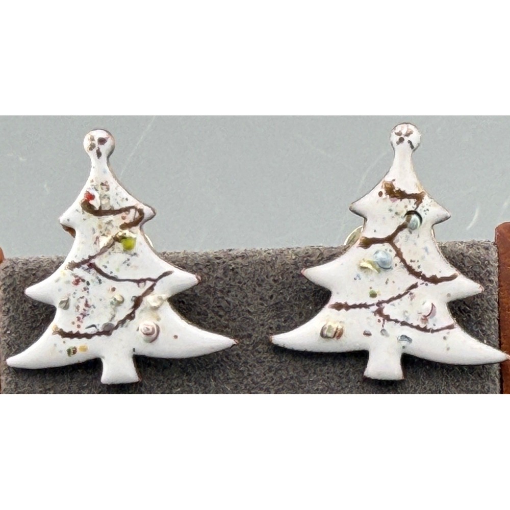 Vintage Copper Earrings White Christmas Tree Enamel Screw Back Signed LM 1"